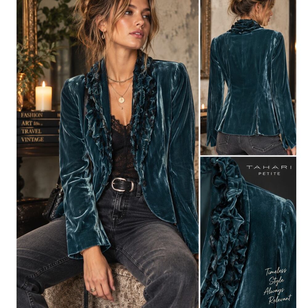 Tahari Teal Velvet Silk Blend Ruffle Blazer Jacket Y2K Romantic Whimsygoth Boho